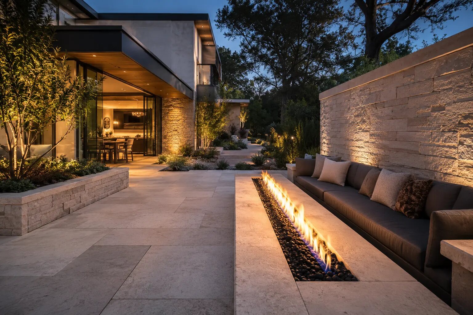 Natural stone outdoor living space with fire feature