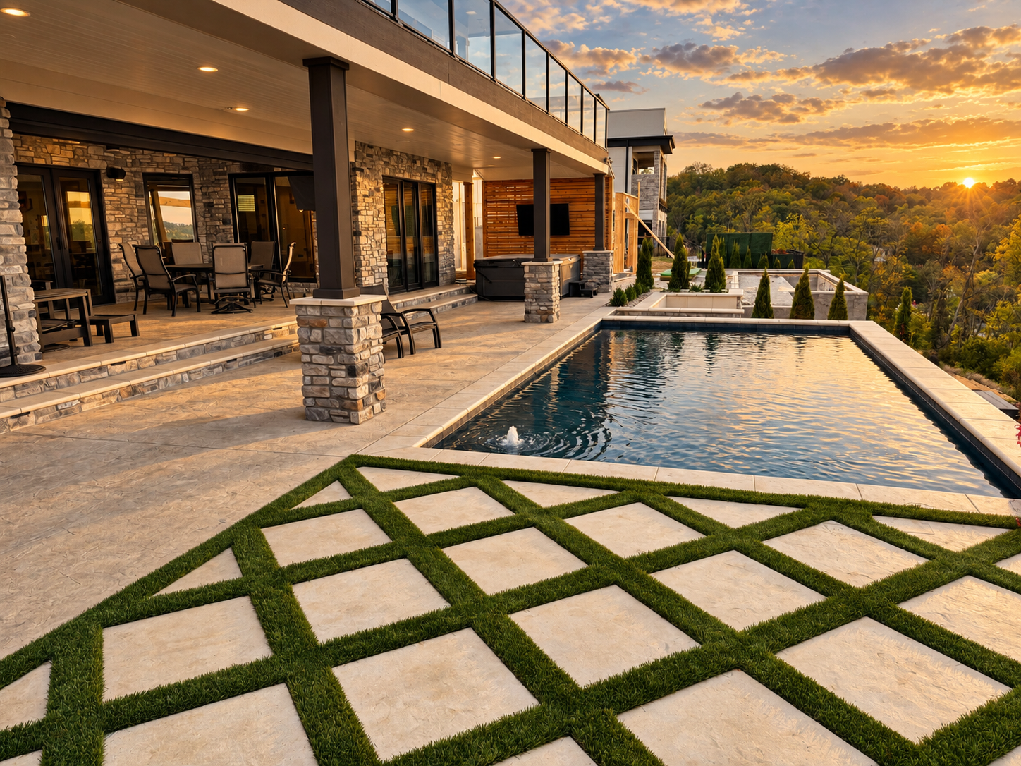 Vintage White pavers set in turf beside a luxury pool and natural stone outdoor living space